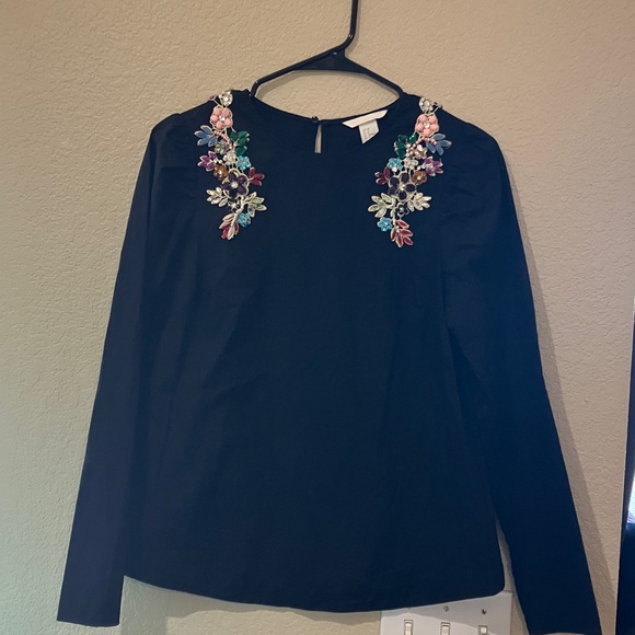 H&M Tops - H&M Black Blouse with Colorful Floral Embellishments